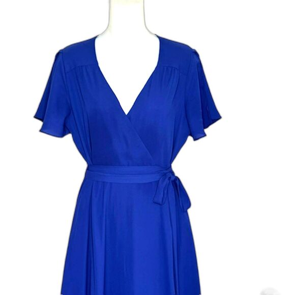LULUS RISE TO THE OCCASTION ROYAL BLUE WRAP DRESS BUTTERFLY SLEEVE SIZE MEDIIUM - Picture 4 of 14